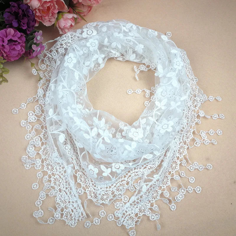 Fashion Elegant Ladies Floral Lace Triangle Scarf Shawl Korean Lace Tassel Sheer Neckerchief Holiday Lady Veils Scarf Headscarf