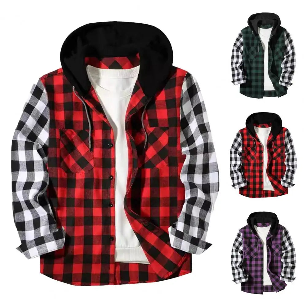 Hooded Shirt Jacket Plaid Pattern Long-sleeve Shirt Men's Plaid Print Hooded Shirt Coat with Adjustable Drawstring for Fall