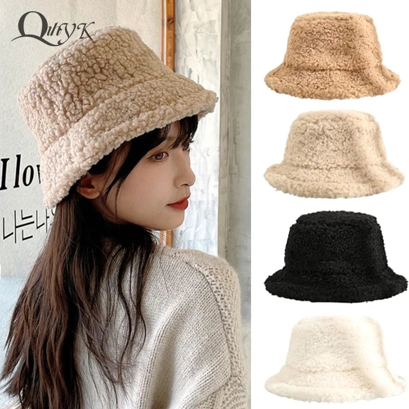 Lamb Faux Fur Bucket Hat Winter Warm Teddy Velvet Hats Caps For Women Lady Outdoor Panama Fisherman Hat