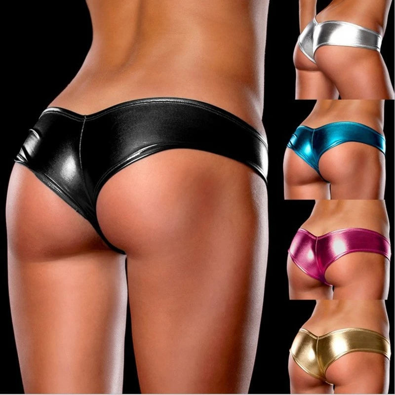 Women sexy Lingerie Erotic Panties Patent Leather Low Waist Underwear Silver Gold Color Ladies Lingere Mini Briefs G string