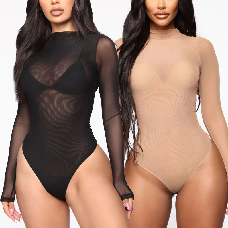 Sexy Women's Transparent Stretch Bodysuit Lingerie Underwear High Cut Skinny Bodycon Ladies Long Sleeve Sheer Jumpsuits