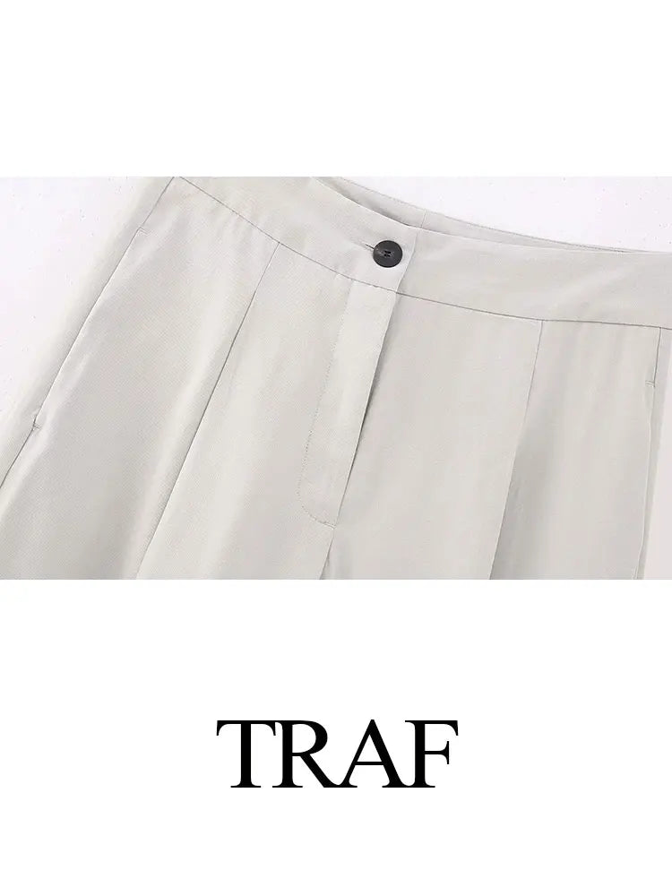 TRAF 2023 Trend New Women Fashion Suits Back Slit Lapel Tops + With Button Decoration High Waist Office Lady Mujer Long Pants