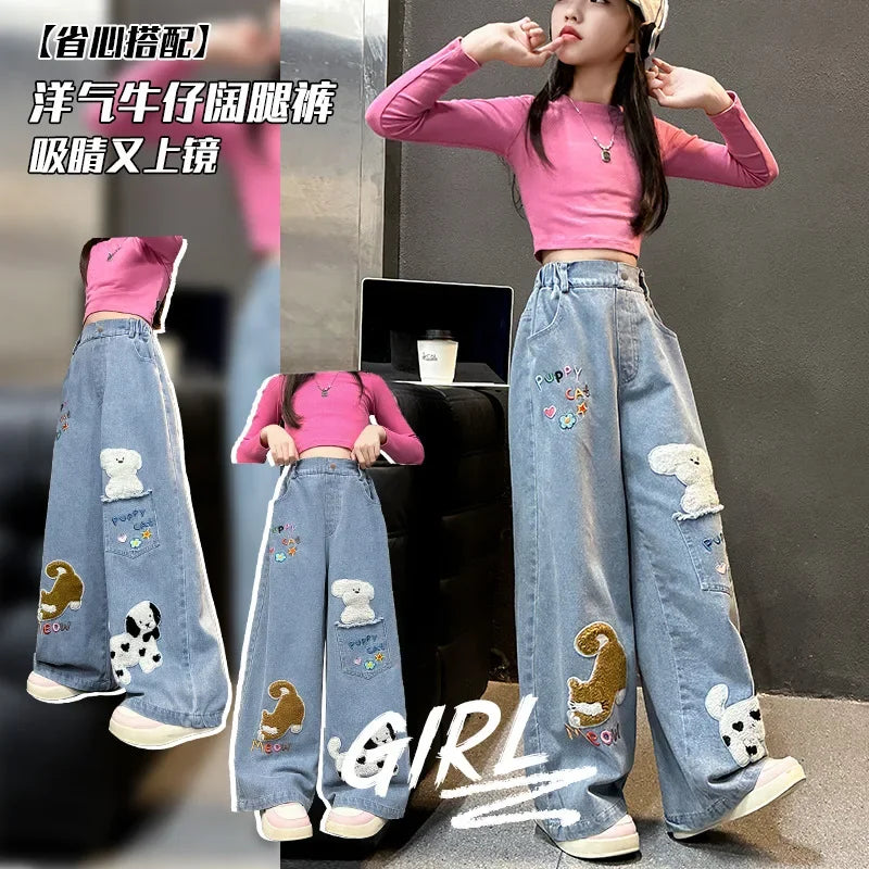 Autumn junior girls cartoon wide leg jeans teenage kids towel embroidered dog denim pants Fashion child trousers 4 6 8 10 12 14