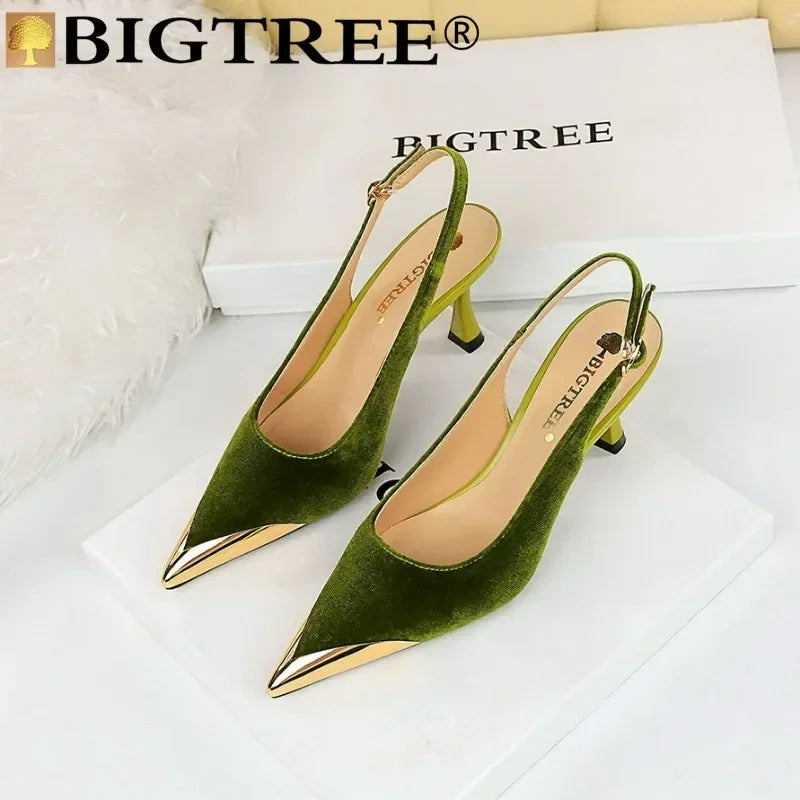 BIGTREE Sexy Women Pumps Office Lady Party Metal Decoration Pointed Toe Flock 7CM Thin Heels Fashion Girls Women Shoes Black