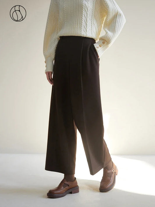 DUSHU Casual Design Sense Diligent Long Pants for Women Winter Dress New High-waisted Straight Tube Brown Trousers Female