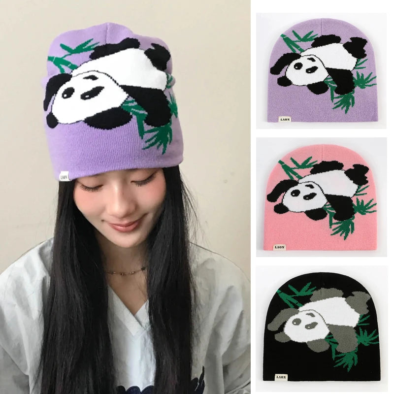 Cute Panda Beanies for Women Girls Autumn Winter Knit Hats Teens Skullies Cap Bonnets Pink Purple Black Y2K Streetwear