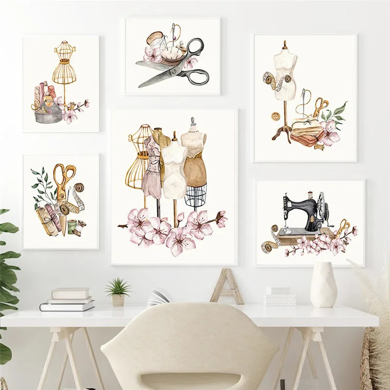 Wall Art Pictures for Gament Shop Decor, Woman Dress, Sewing Machine, Boho Modern Decor, Anime Canvas Print Poster, No Frame