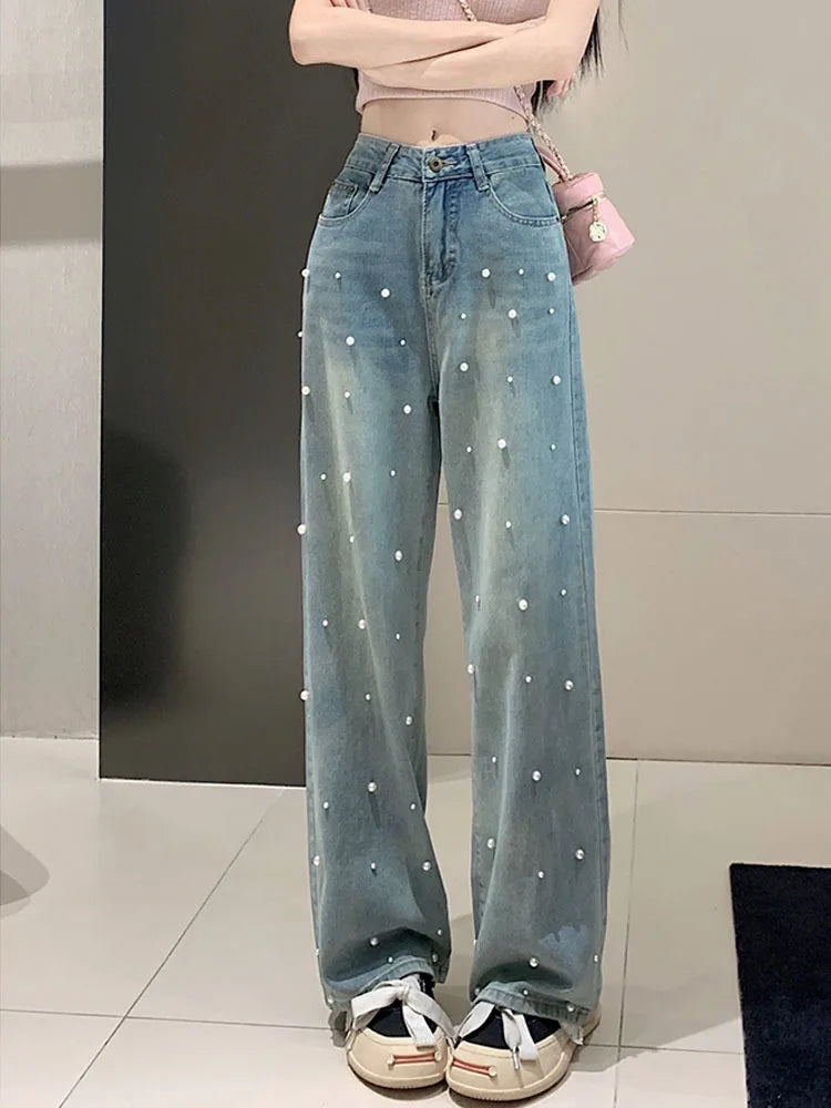 2023 Spring and Summer New Design Sense Pearl Slimming Loose Casual Baggy Jeans Straight-Leg Pants Women's Long Trousers Fashion