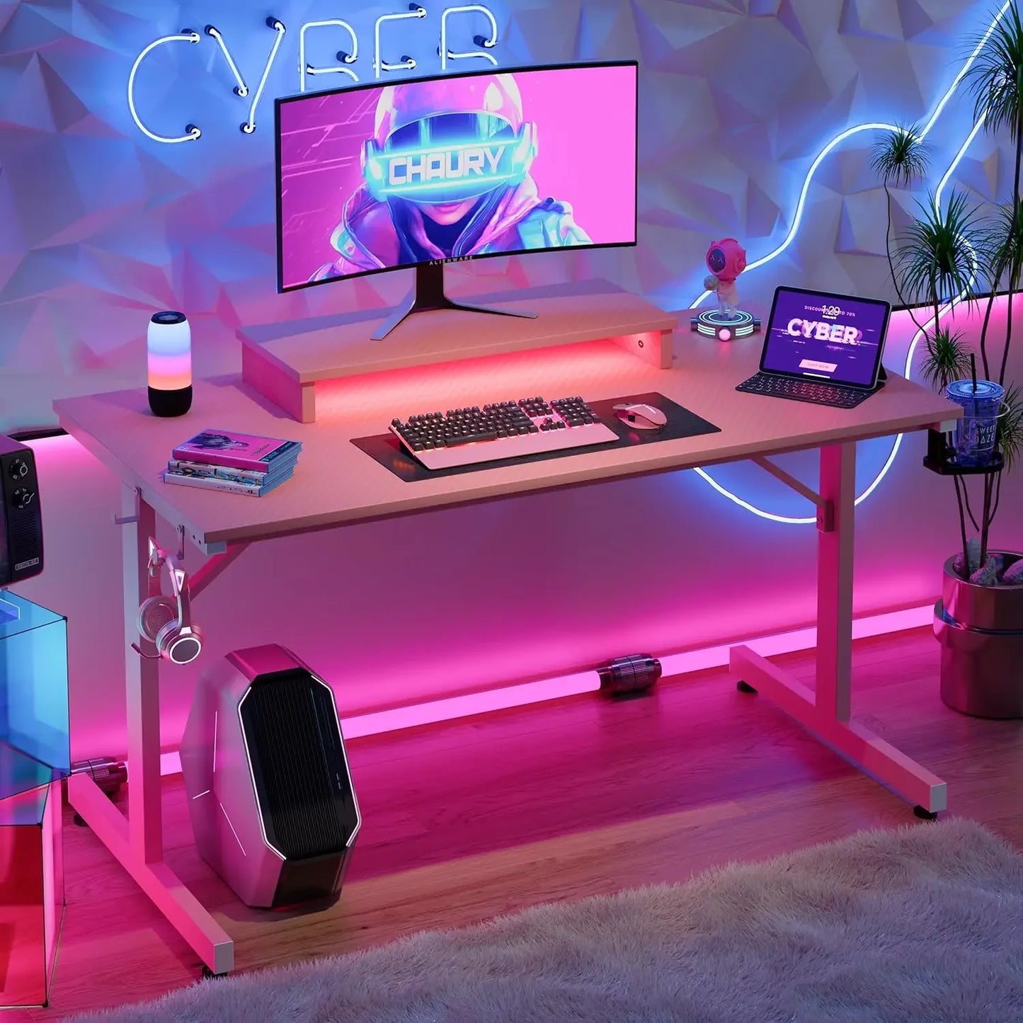 Gaming Desk with LED Lights, 42 inch Computer Desk with Monitor Stand Gamer Workstation with Cup Holder & Headset Hooks