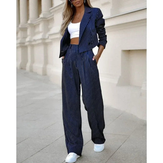 2024 Spring Summer New Women's Suit Solid Color Striped Short Style Lapel Suit Straight-Leg Pants Suit Blazer Jacket Long Pants