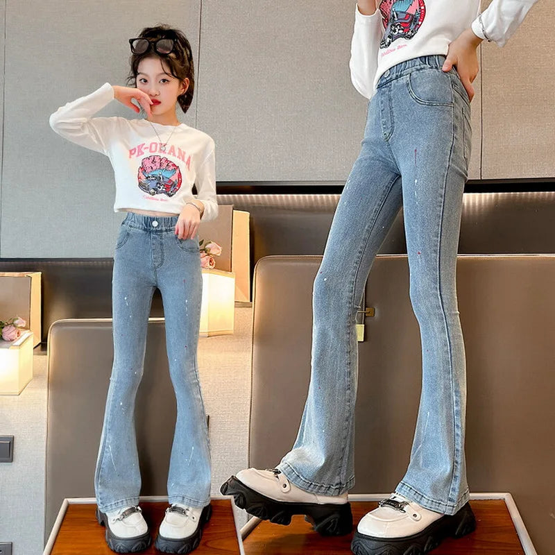 New Spring Autumn Teens Girl Clothes Denim Jeans Fashion Graffiti Harajuku Tight flared Pant Child High Elastic Waist 4-15 years