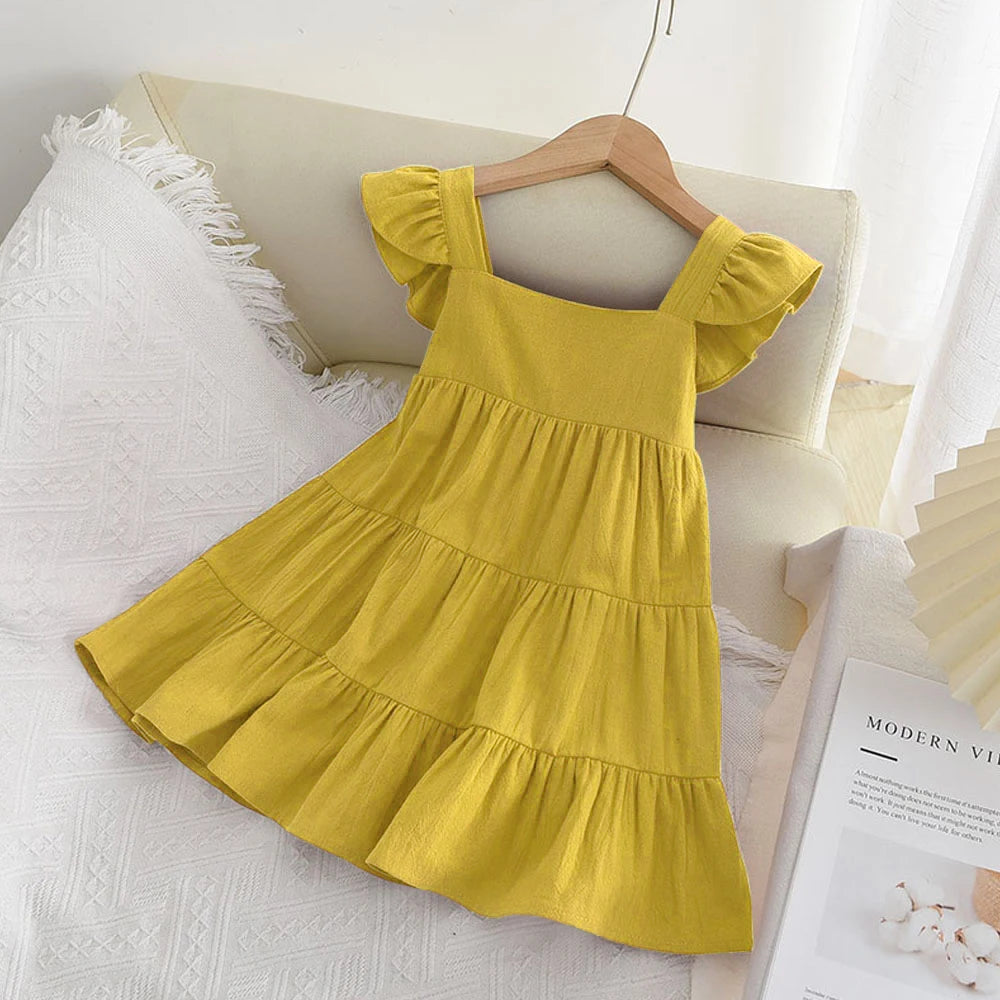 Bear Leader Girls' Dress 2023 Summer New Casual Girls' Sleeveless Ruffle Dress Princess Dress Cute Solid Color Fashion Dress