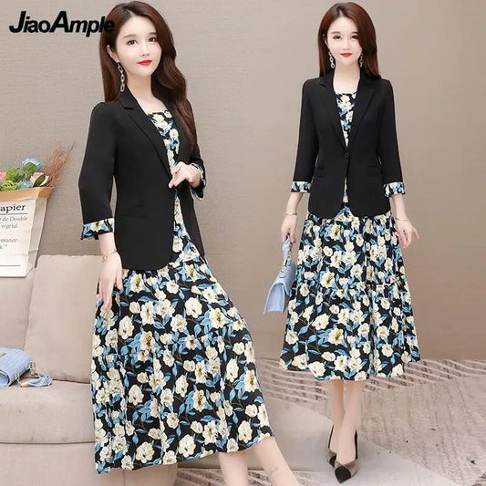 Women's Casual Floral Sling Dress Set 2024 Spring Autumn New Suit Jacket Dresses Two Piece Female Chic Blazers Midi Skirt Set