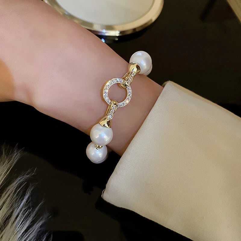 Popular Natural Pearl Zirconia Connector Bracelets For Women Real Gold Plated Bracelet Trendy Lady Bangle Jewelry Accessories