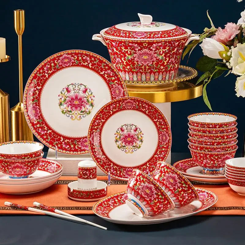 70 Piece Chinese Bone China Dinnerware Set Food Bowl Sushi Dishes Ramen Plates Chopsticks Set Top-grade Dinner Set Spoons Set