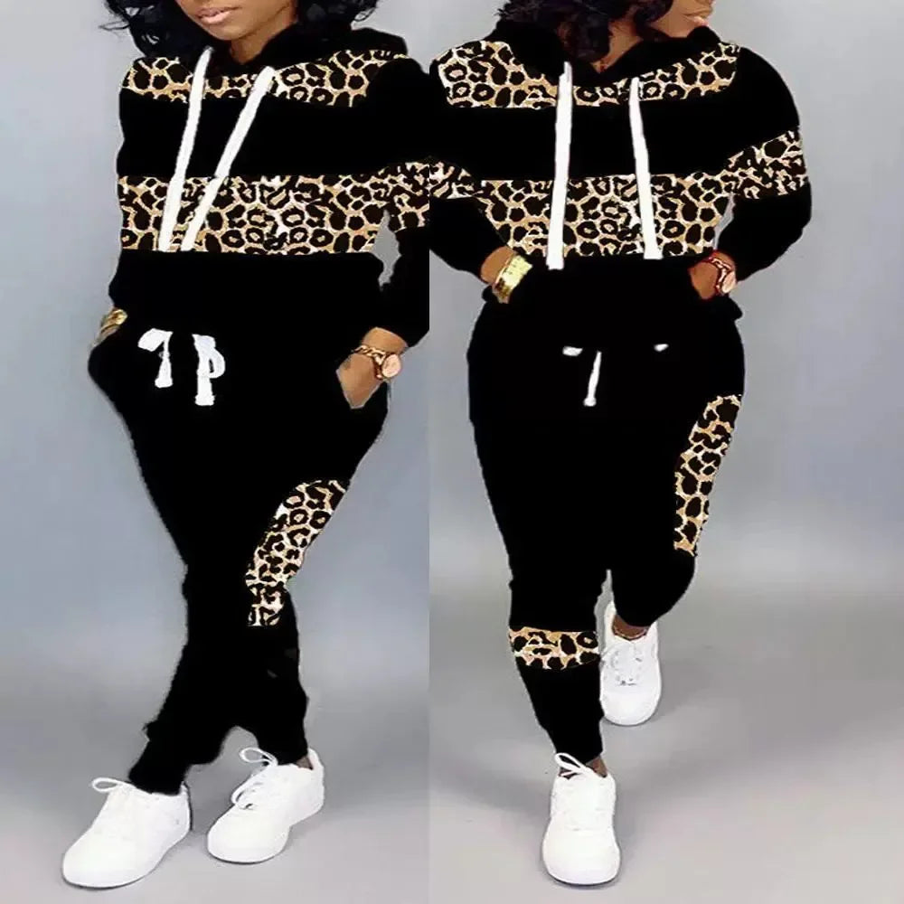 Long-sleeved Leopard Print & Trousers Hooded Sweatshirt Hoodie High Waist Pants 2pcs Women's Clothing