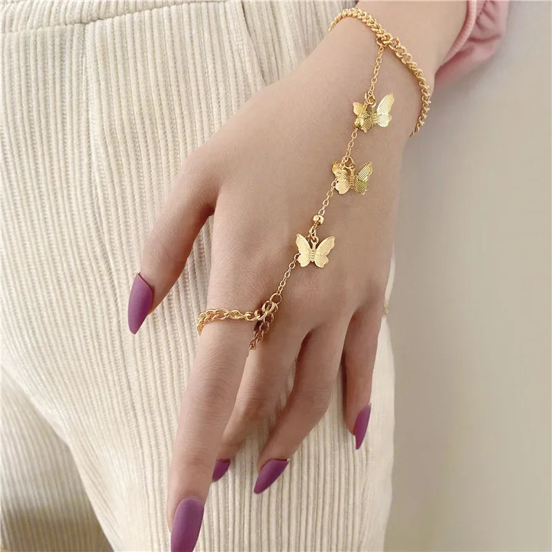 Boho Butterfly Slave Bracelet Ladies One-Piece Gold Color Chain Finger Ring Bracelet Women Girls Summer Beach Jewelry