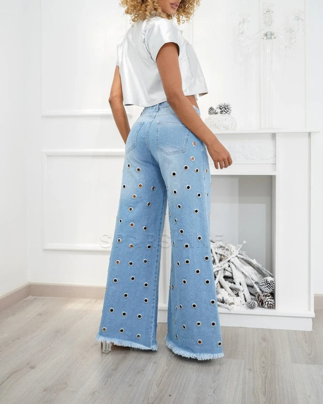 Pants palazzo eyelets 2024 Fashion Y2K Blue Jeans Women Stretch Jeans Femme High Waist Trousers Vintage Casual Comfort Denim