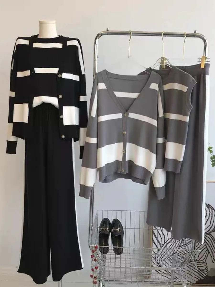 Women Sweater 3 Piece Set Tracksuit 2024 Autumn Winter Fashion Striped Cardigan Coat + O Neck Vest + Pants Knitted Suits Outfits