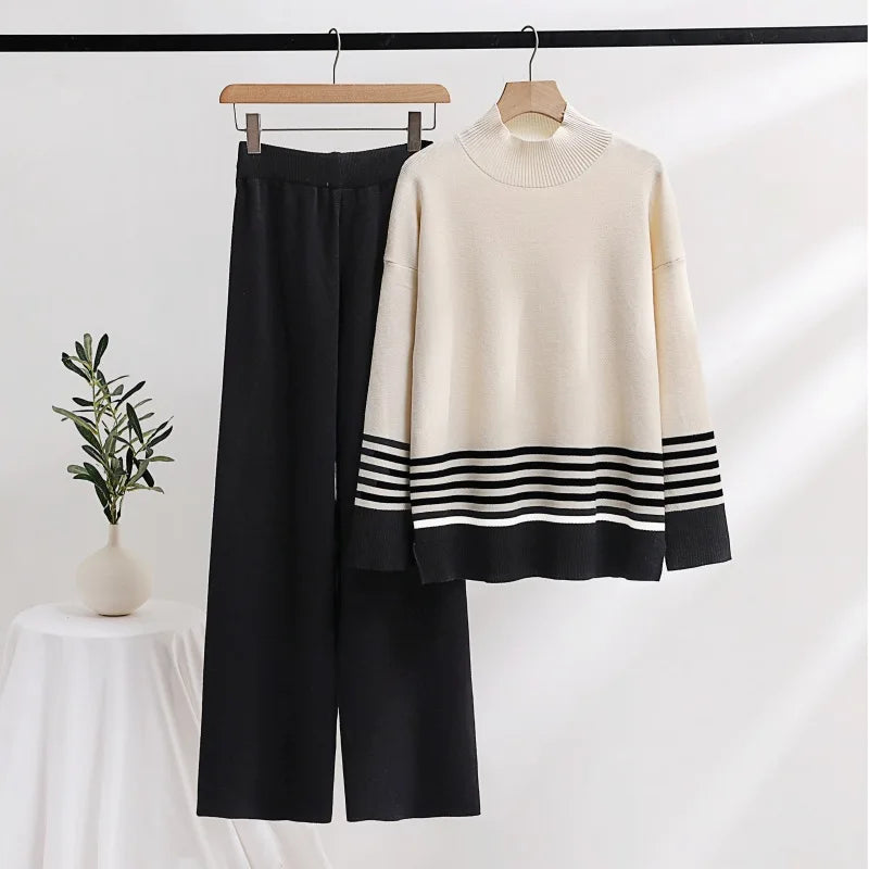 Stripe Patchwork Sweater And Wide Leg Pant Two Piece Set Fashion Half High Neck Knit Pullover Top + Long Trouser Women Suit 2025