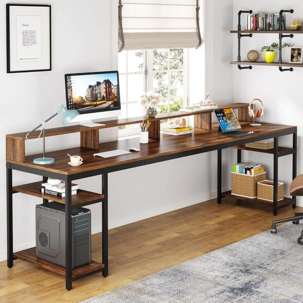 Two Person Desk with Monitor Stand, 78.74" Long Double Computer Office Desk with Storage Shelves, Large Gaming Desk Study