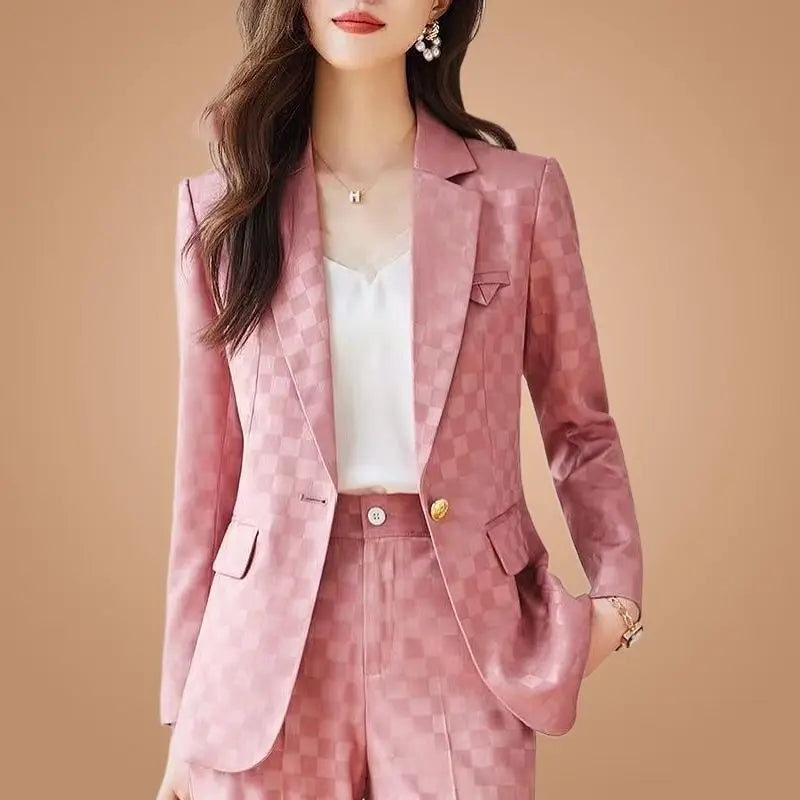 Women's Spring Autumn New Fashion Plaid Professional Suit Jacket Matching Set Korean Elegant Casual Blazers Pants Two Piece