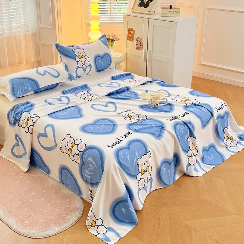 Cute Cartoon Bear Bed Sheet Set Love Heart Print Flat Sheet & 2 Pillow Sham Luxury Bed Cover Soft Top Sheets Decorative Bedding