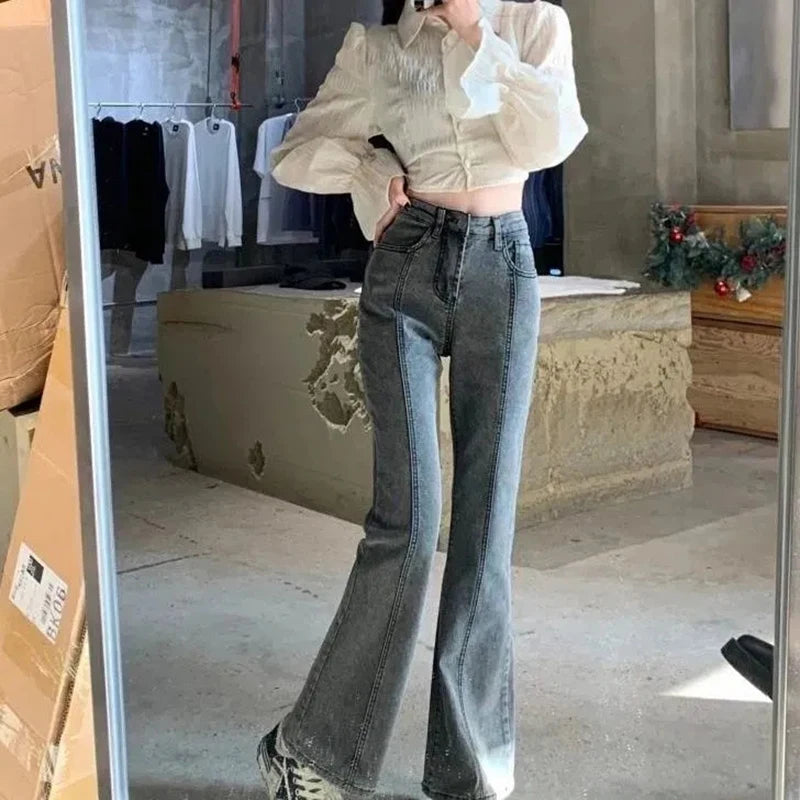 Vintage High Waist Flare Jeans High Street Women Boot Cut Denim Pant Slim Loose Korean Casual Button Up Zippers Gray Trousers