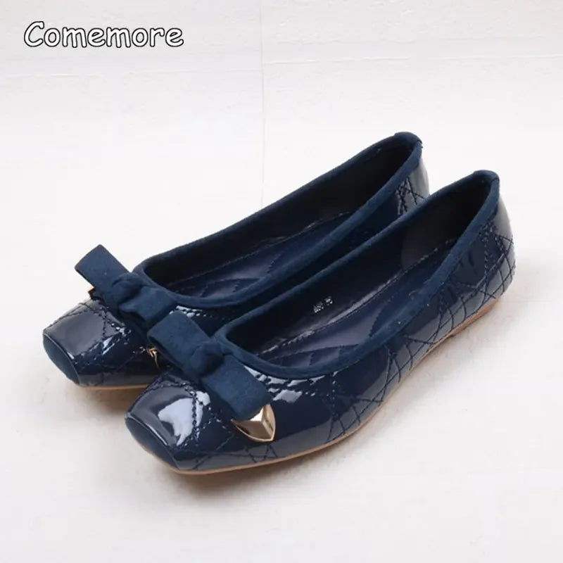 Comemore Leather Women Solid Ballerina Flats Plus Size 35-41 Office Shoes Ladies Black Espadrilles Square Toe Bow-knot Moccasins