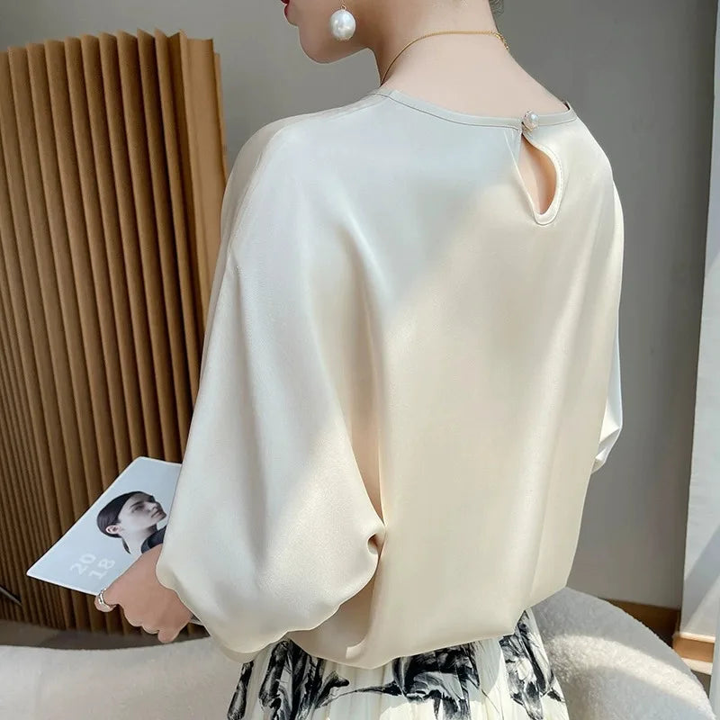 HIgh Quality Office Lady Tops Summer Half Sleeve O-Neck Satin Blouse Women Shirts Simple Solid Fake Silk Casual Loose Blusas