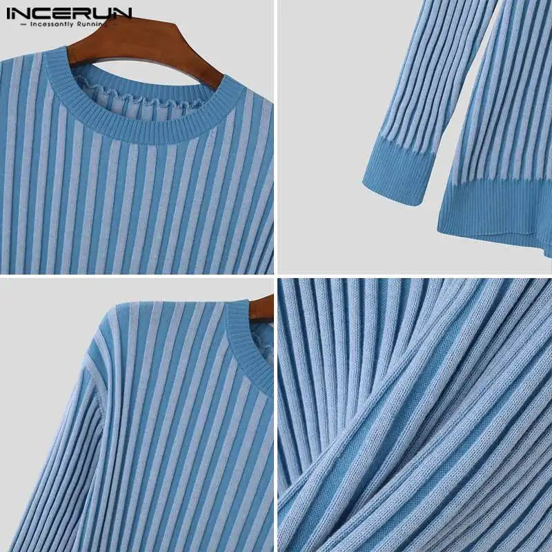 Fashionable Men's Tops INCERUN Knitted Stripe Design Pullovers Autumn Casual Simple All-match O-neck Long Sleeved Sweaters S-5XL