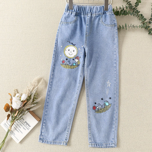 Cute Baby Kids Jeans for Girls Denim Pants Straight Spring Autumn Clothing Teenagers Children's Long Trousers 6 8 10 12 13 Years