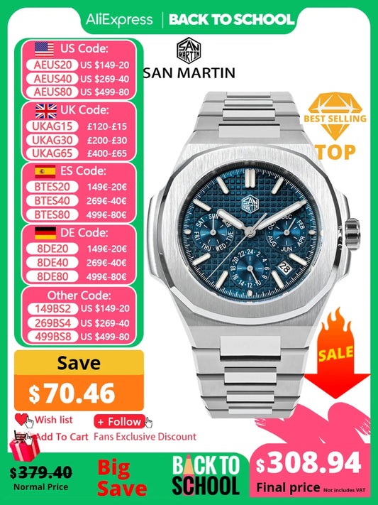 San Martin 43mm Miyota 9120 Multi-function Men Luxury Dress Watch Waffle Texture Dial Business Automatic Mechanical 10Bar BGW-9