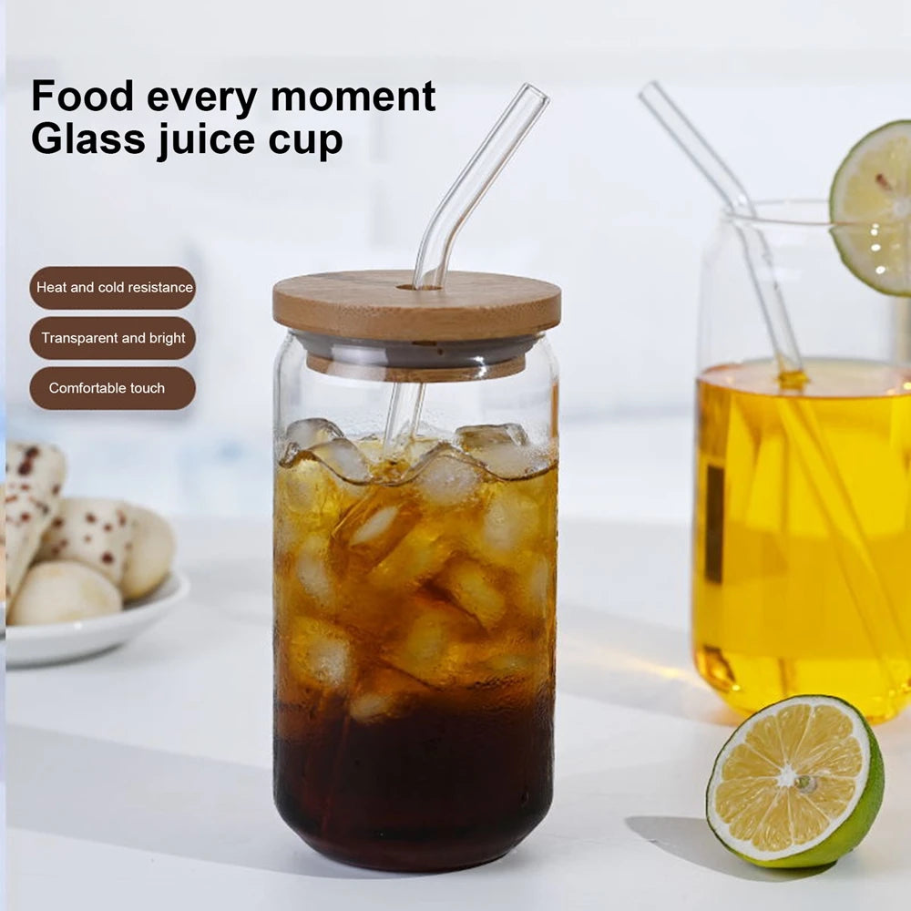 Drinking Glasses with Bamboo Lids and Glass Straw Can Shaped Glass Cups Beer Glasses Iced Coffee Tumbler Cup