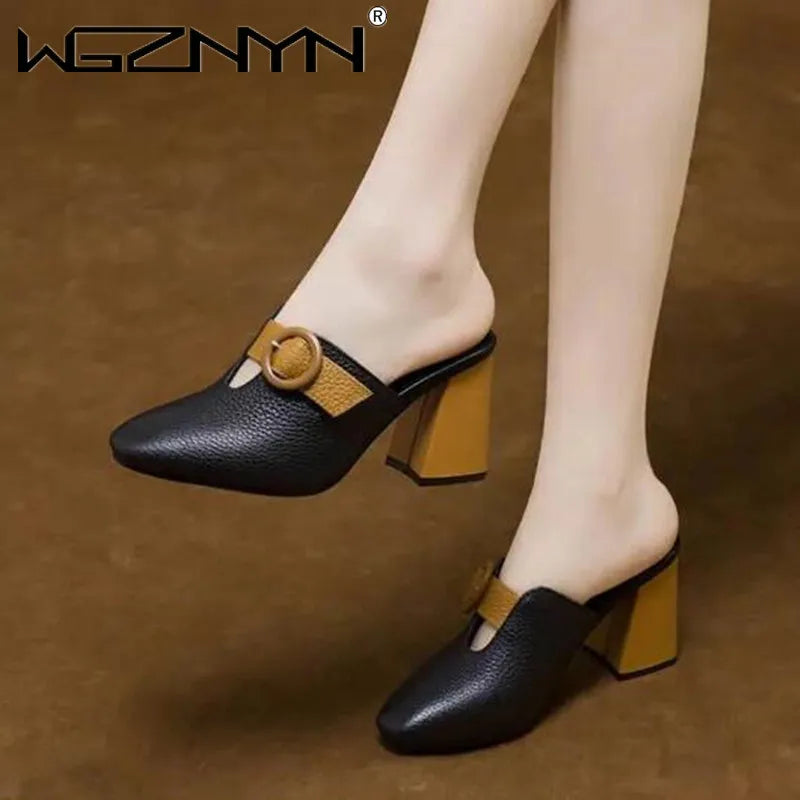 Women High Heeled Platform Half Slippers Leather Mules Femme Pointed Toe Feminino Office Ladies Chaussure Elegant Backless Shoes