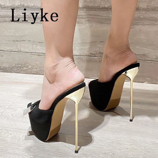 Liyke Summer Fashion Metal Extreme Platform Slippers Women Sexy Peep Toe Stiletto Heels Sandal Ladies Club Stripper Shoes Slider