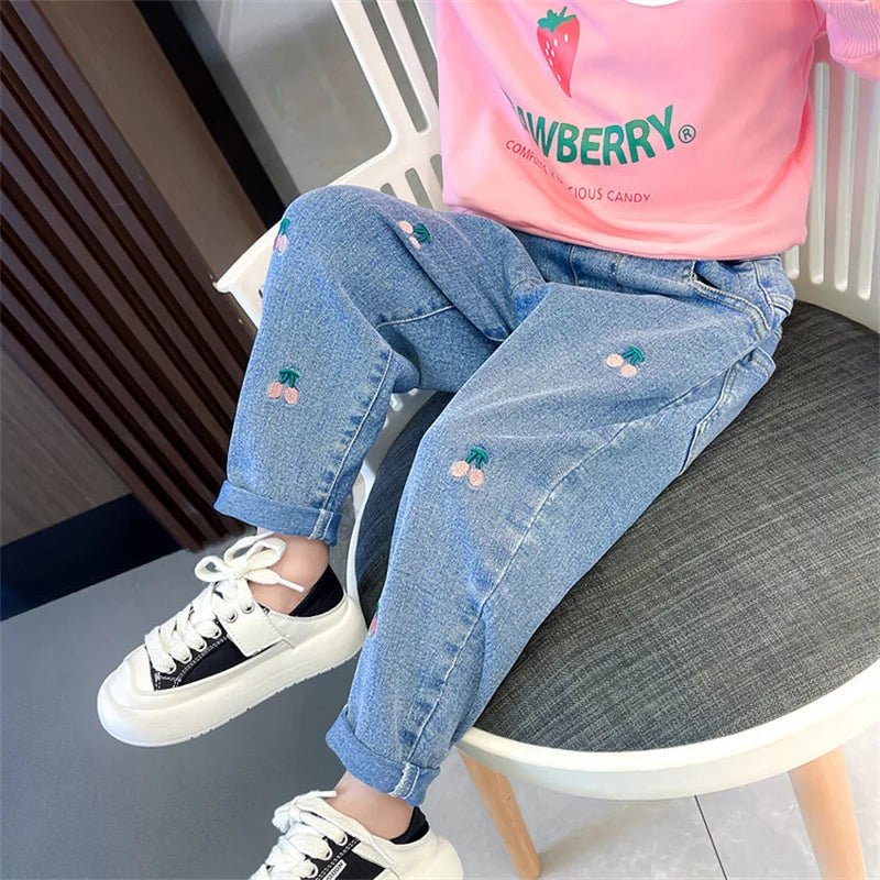 Girls Pants Long Trousers Cotton 2024 Cherry Spring Autumn Teenagers Baby's Kids Pants Outdoor Teenagers Children's Clothing