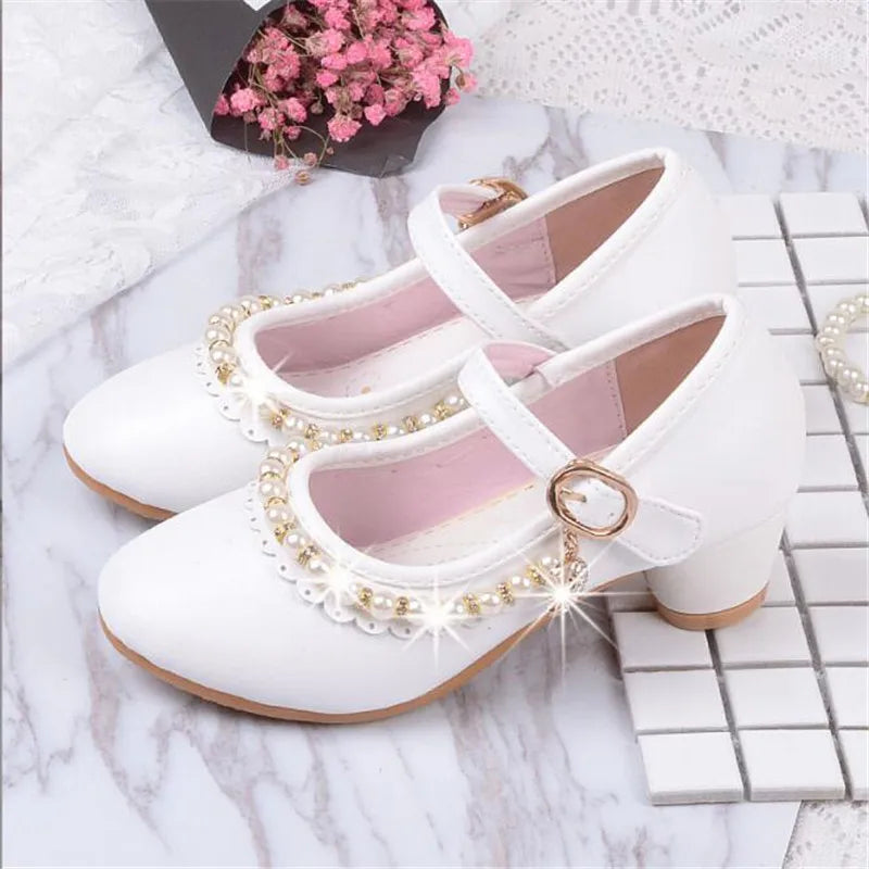 Princess Kids High Heels Shoes Kids Dress Party Leather Shoes Baby Girls Children's White Shoes Enfants Wedding for Girl