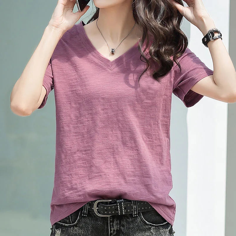 Women's T-shir Short Sleeve Loose New Summer Cotton Blouse V-neck Versatile Solid Color Short Sleeve Fashion Casual Tops