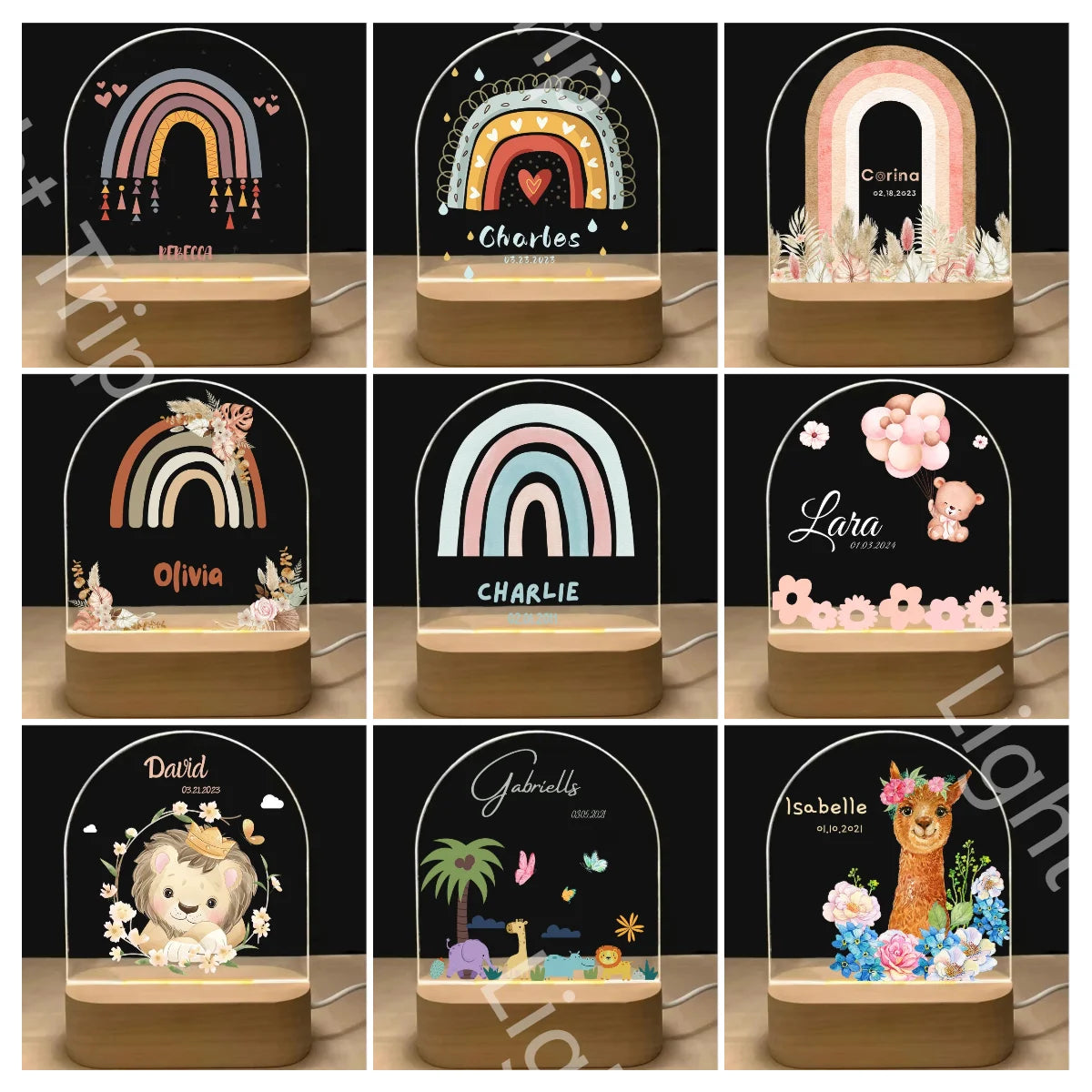 Personalized Baby Birth Night Light Custom Name Animal Rainbow with USB Wood Base Lamp for Bedroom Table Rainbow Decor