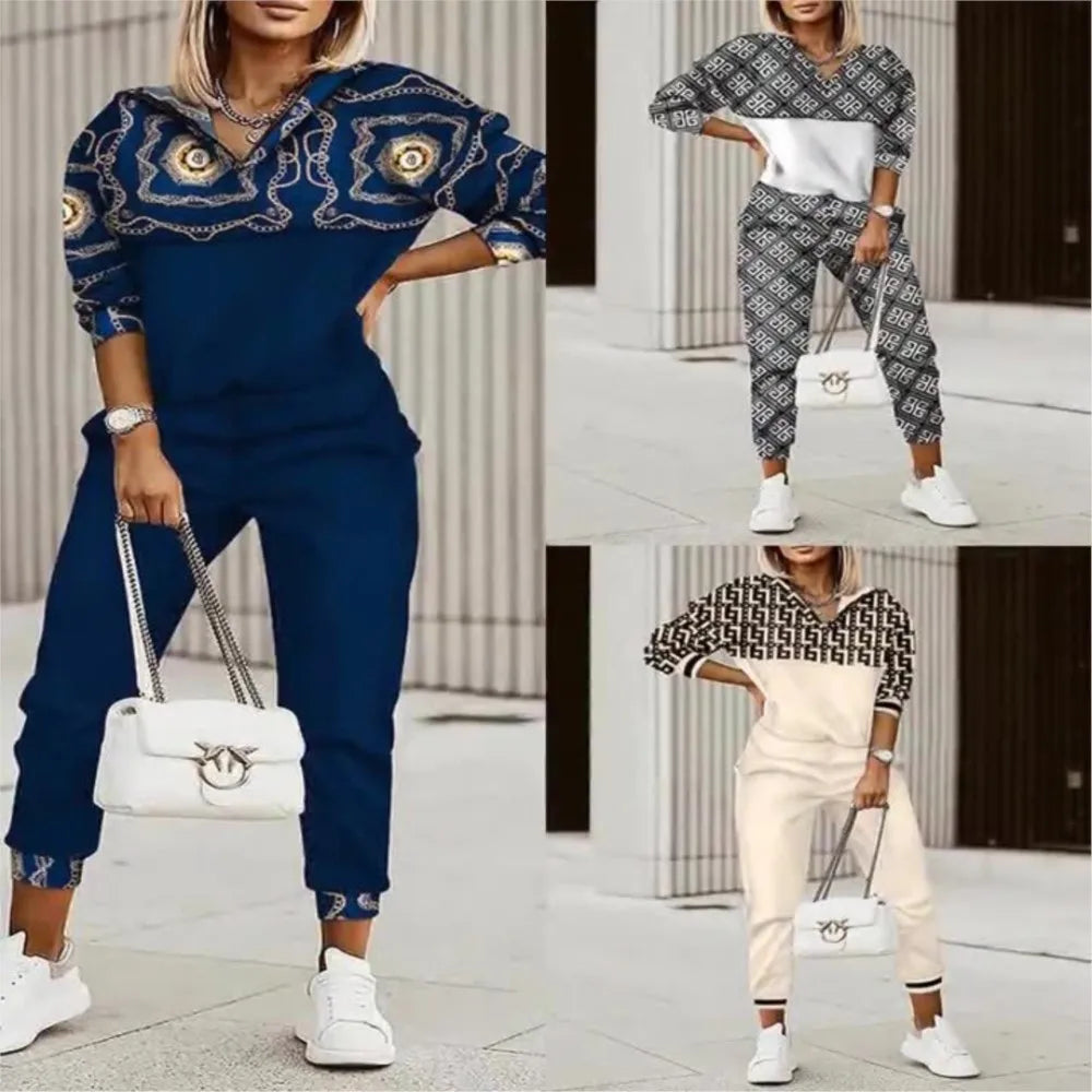 Vintage Maze Print Casual 2 Piece Sets Women Spring Autumn Fashion New Pullover Hoodie And Pencil Pants Set Casual Sport Suit