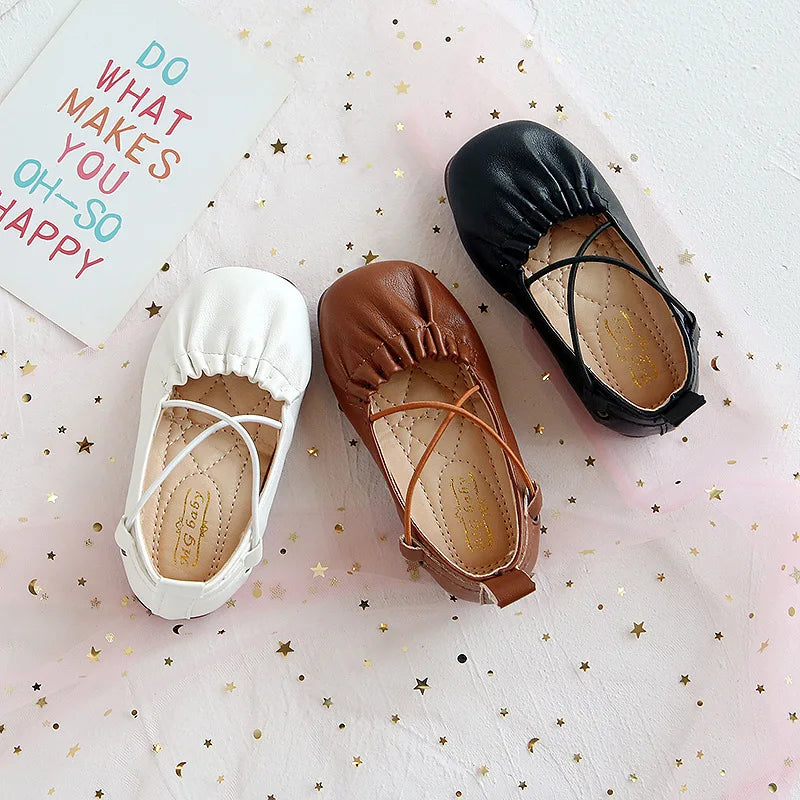 Toddlers Girls Leather Shoes Princess Sweet Fashion Children's Flats Soft Ruffle Pleated Kids Dress Shoes Slip-on Spring Summer