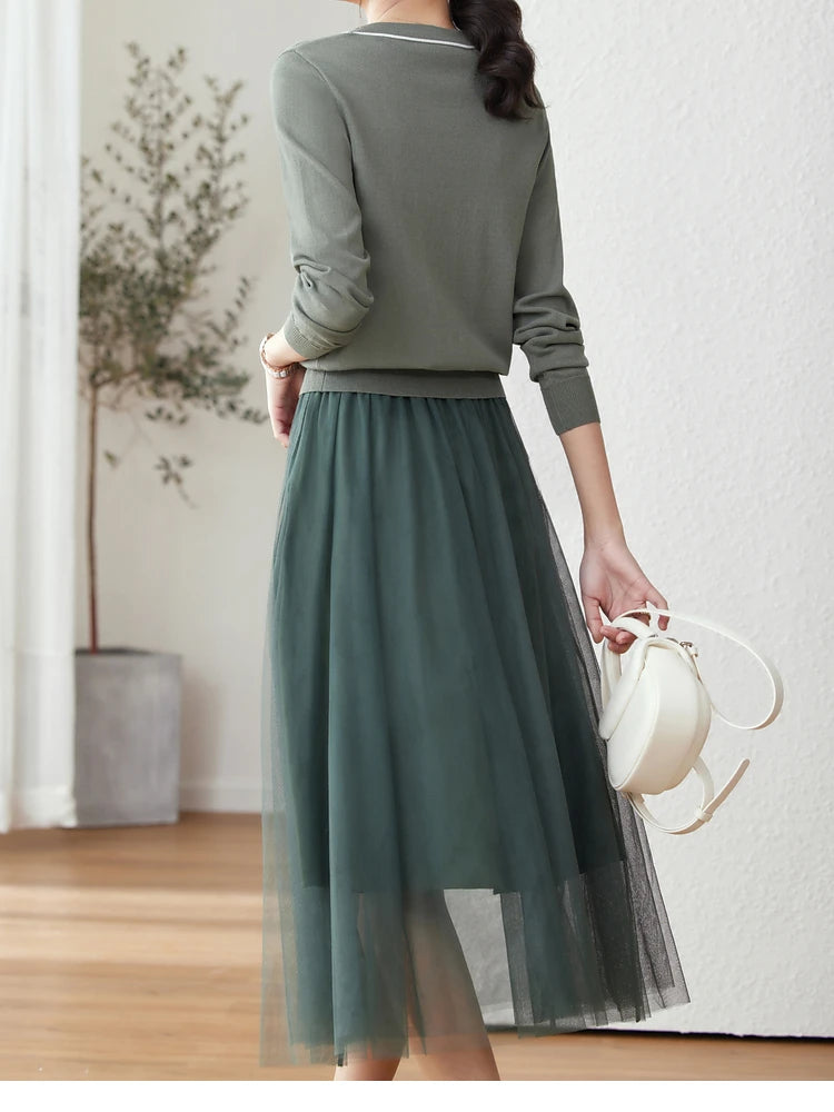 Vimly Chic Elegant Autumn Sweater Two Piece Skirt Sets Women 2023 Long Sleeve Knitted Tops Gauze Midi Skirt Suit Women's Outfits