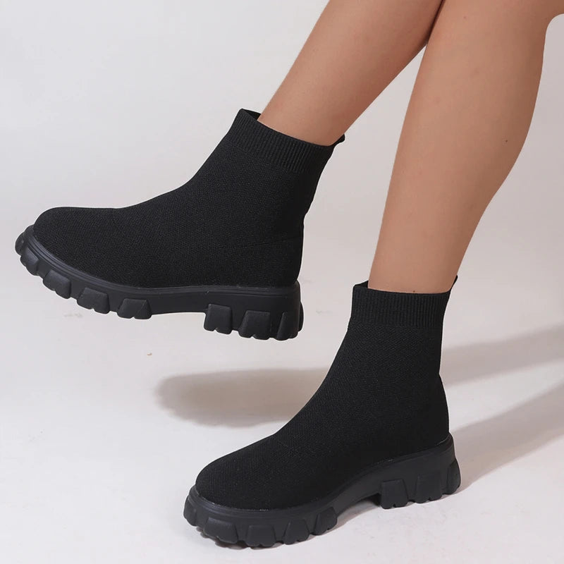 Brand Women Ankle Boots Lightweight Casual Shoes for Women Wedge Fashion Sock Boots Knitting Winter Medium Tube Platform Boot