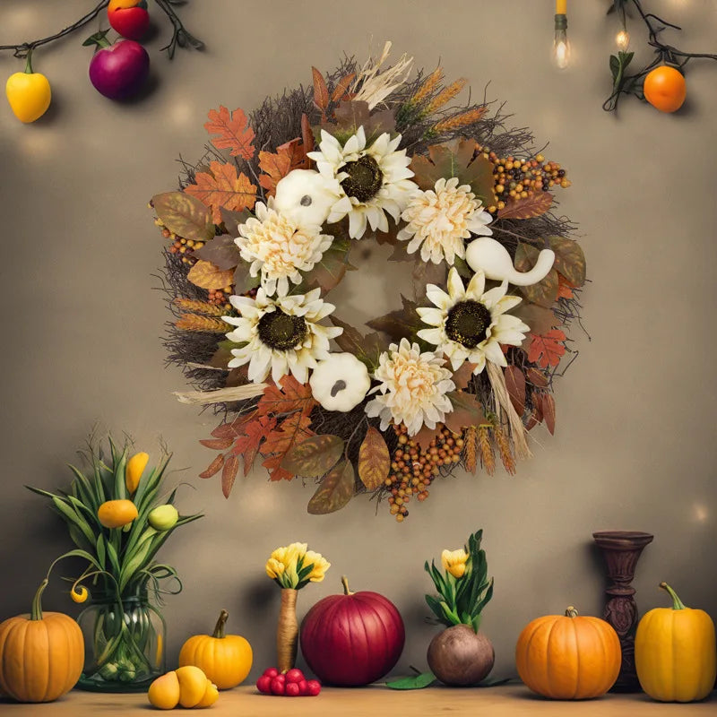 Fall Harvest Pumpkin Wreath Upside Down Thanksgiving Teardrop Pendant Sunflower White Pumpkin Maple Leaf Decorative Door Decor