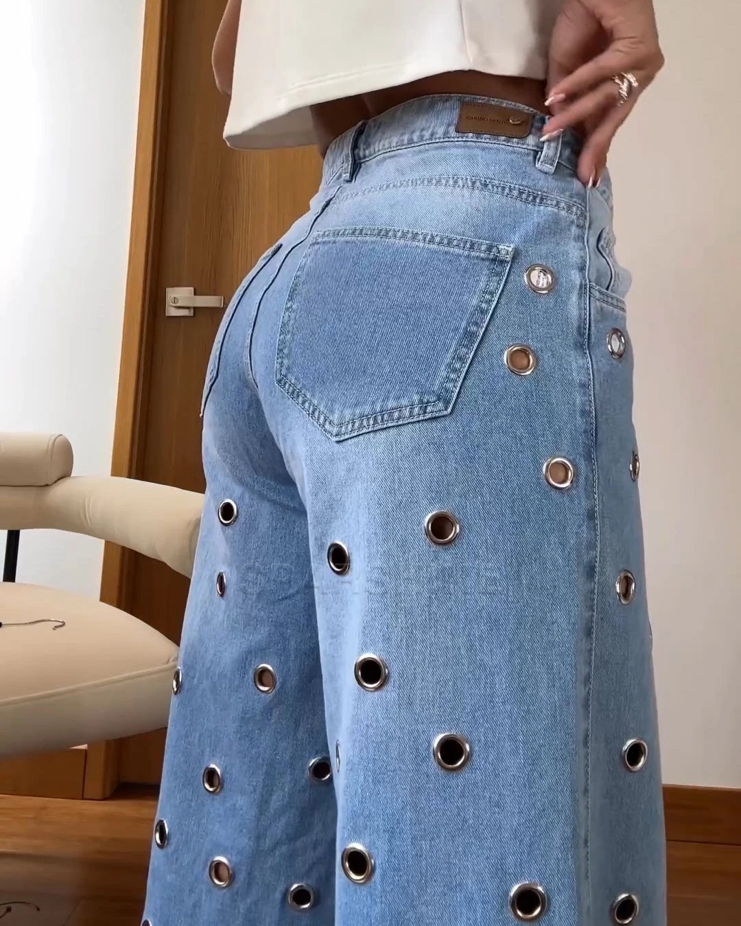 Pants palazzo eyelets 2024 Fashion Y2K Blue Jeans Women Stretch Jeans Femme High Waist Trousers Vintage Casual Comfort Denim