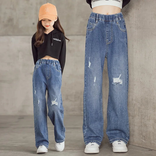 Spring Autumn Fashion Loose Straight Pants Girls Hole Wide Leg Jeans Teenage Casual Hundred Streetwear Simple Child Trousers