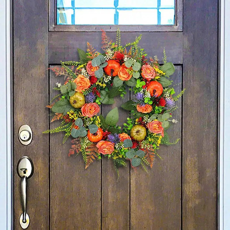 Thanksgiving Wreath 17.72 Inch Fall Decoration Multifunctional Handcrafted Decorative Artificial Pumpkin Wreath For Front Door