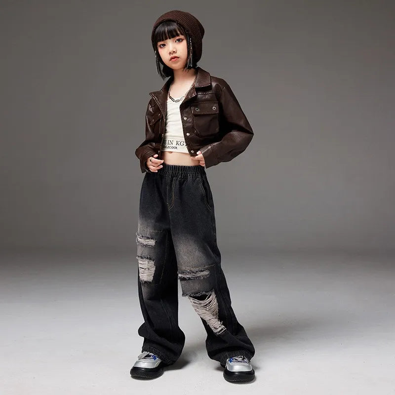 Hip Hop Kids Leather Jacket Girls Black Denim Pants Street Dance Clothes Sets Teenage Streetwear Costumes Children Fashion Suit