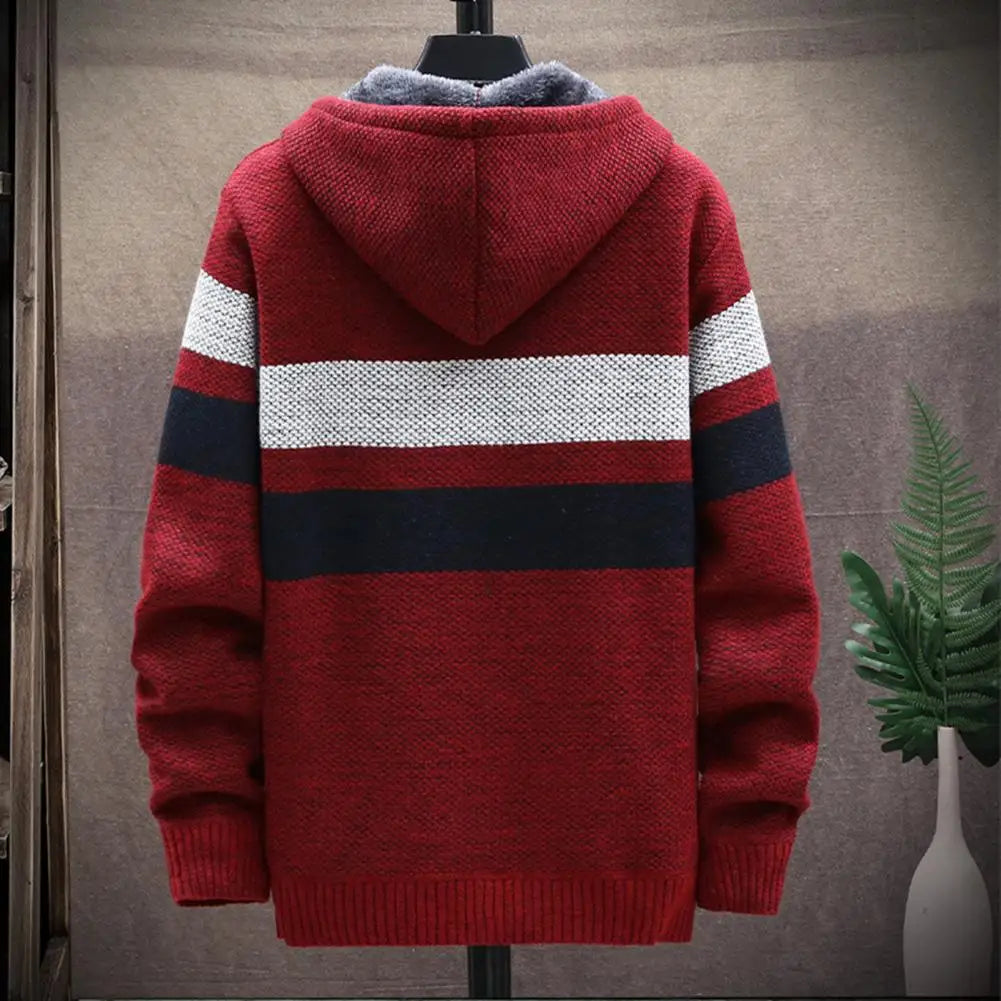 Men‘s Hooded Cardigan Knitted Sweater Winter Thick Fleece Warm Casual Knitwear Coat Solid Color Cardigan Men Winter Sweater